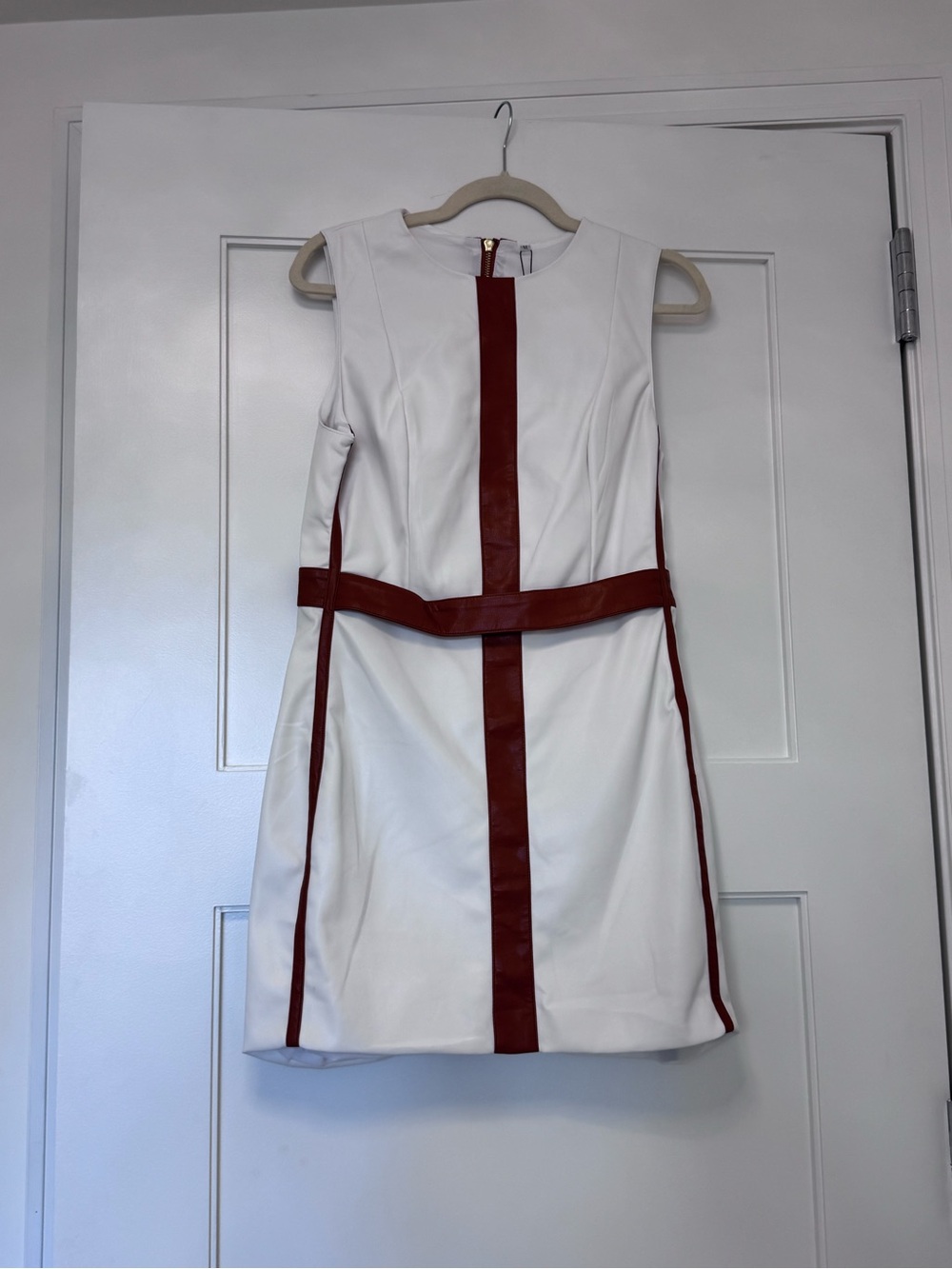 White and Saddle Brown Faux Leather  Sleeveless Shift Dress
